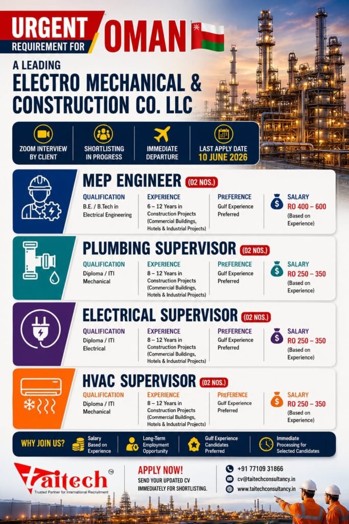Jobs in Oman 2026 - Hiring For A leading Electro Mechanical & Construction Company LLC Jobs in Oman 2026 - Hiring For A leading Electro Mechanical & Construction Company LLC