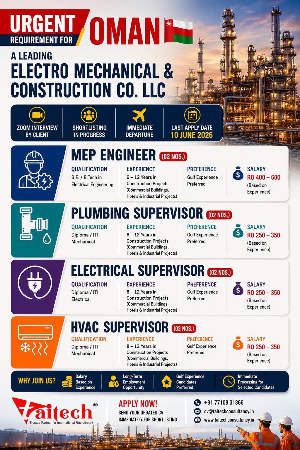 Jobs in Oman 2026 - Hiring For A leading Electro Mechanical & Construction Company LLC