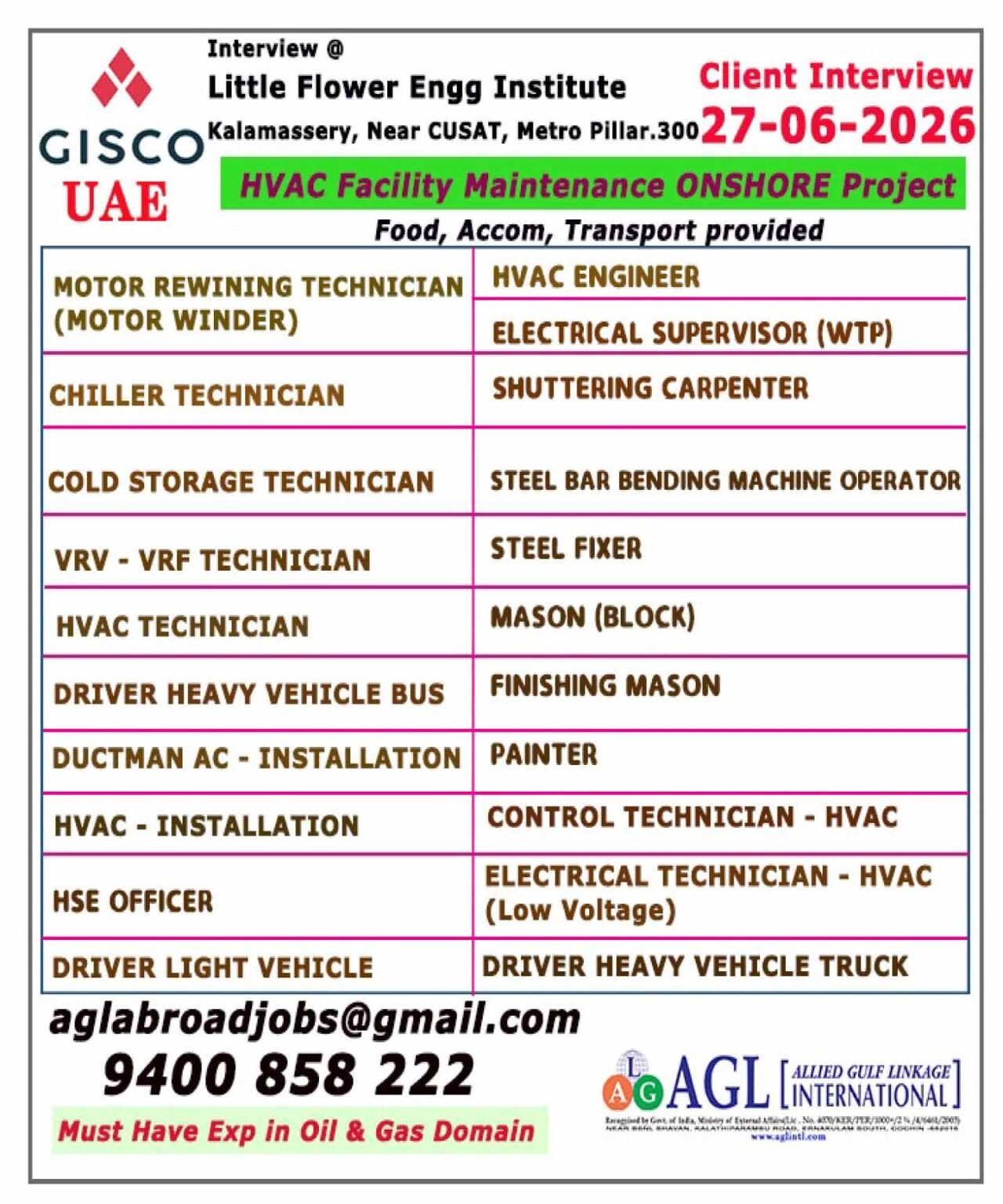 UAE HVAC Facility Maintenance Jobs 2026 – GISCO Onshore Project 