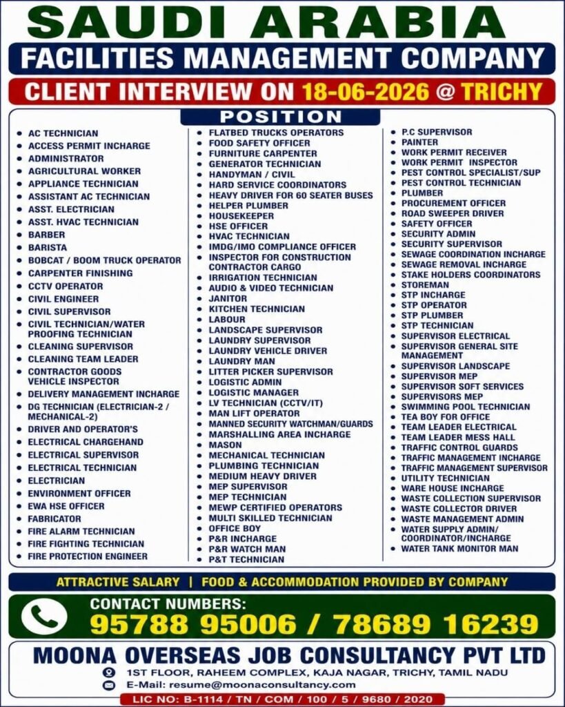 Saudi Arabia Facilities Management Company Jobs 2026 – Client Interview on 18 June 2026 