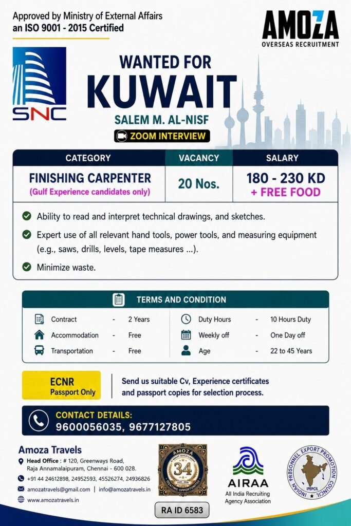 Kuwait Jobs: Urgent Requirement for Finishing Carpenter at Salem M. Al-Nisf – Zoom Interview