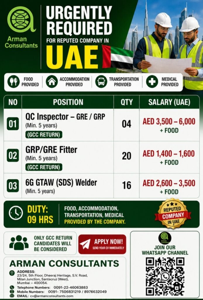 UAE Jobs 2026 | QC Inspector, GRP/GRE Fitters & 6G GTAW Welders | Free Food & Accommodation