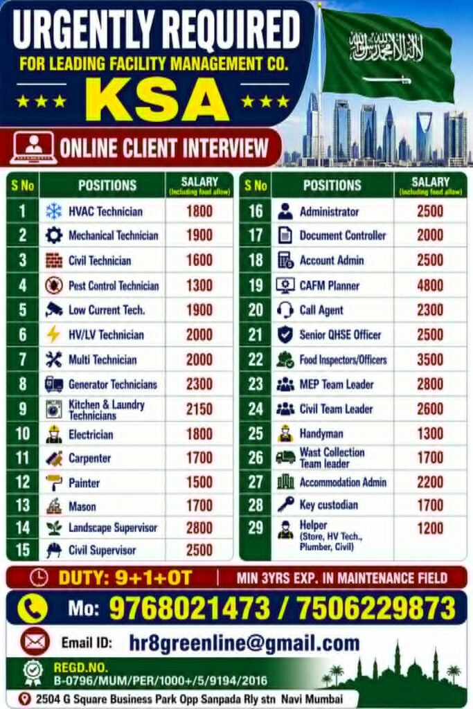 Saudi Arabia Facility Management Jobs 2026 | Online Interview