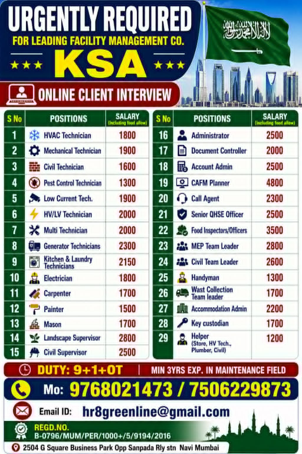 Saudi Arabia Facility Management Jobs 2026 | Online Interview