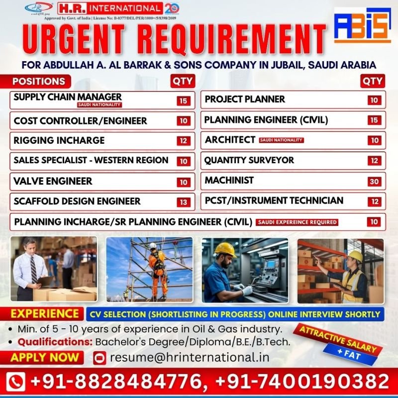 Abdullah A. Al Barrak & Sons Company Saudi Arabia Recruitment 2026 – Oil & Gas Jobs in Jubail | Apply Online