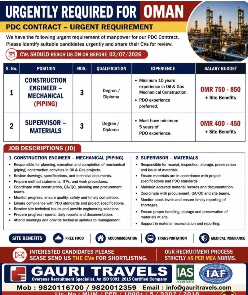 Oman Oil & Gas Jobs 2026 – Construction Engineer (Mechanical Piping) & Materials Supervisor | PDC Contract