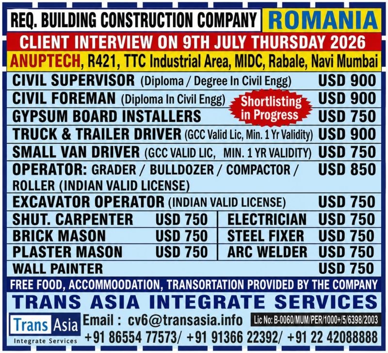 Romania Construction Jobs 2026 – Urgent Hiring