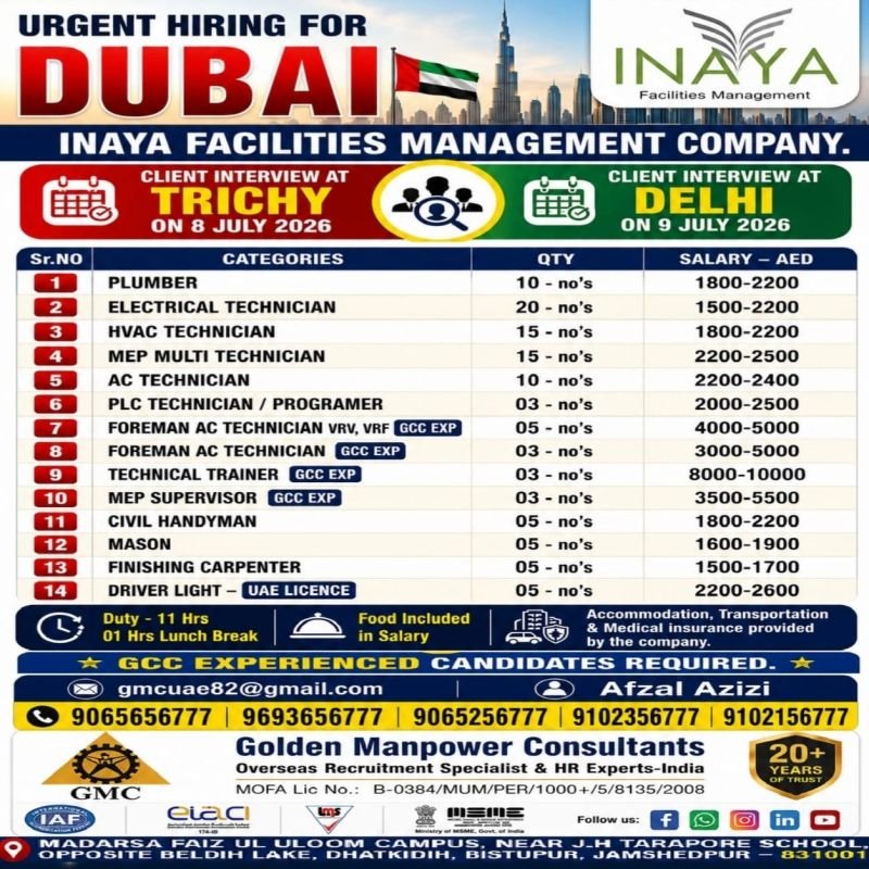 Dubai : Hiring For Inaya Facilities Management Company