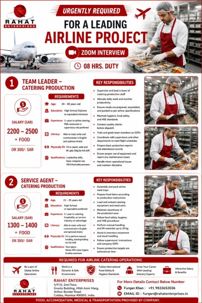 Urgent Hiring For Leading Airline Catering Project (Saudi Arabia)