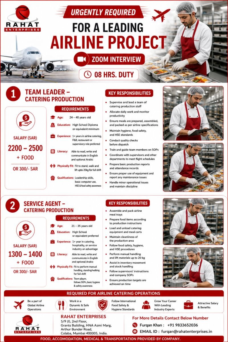 Urgent Hiring For Leading Airline Catering Project (Saudi Arabia)