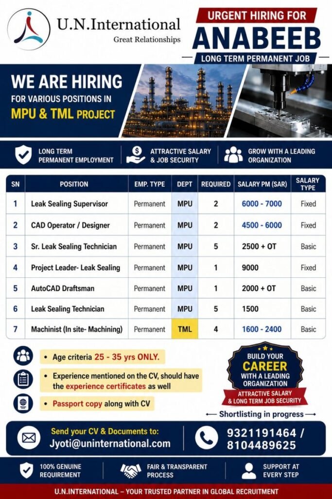hiring for Long-Term MPU & TML Projects in Saudi Arabia.