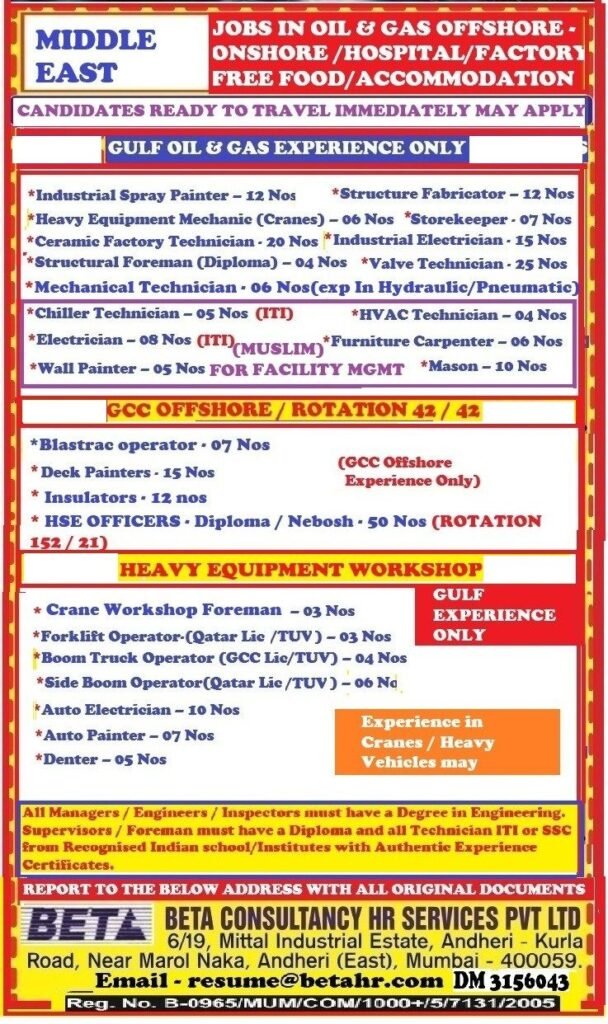 Middle East Jobs 2026  - Oil & Gas - Offshore/Onshore/Hospital/Factory Sector