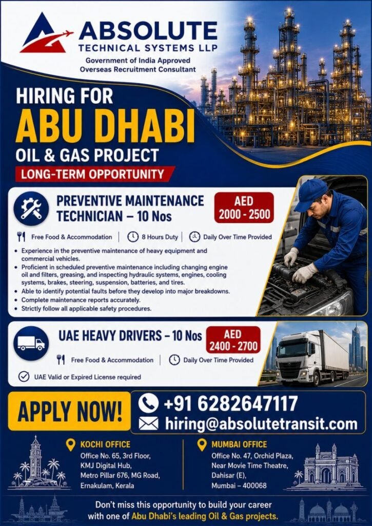 Abu Dhabi Oil & Gas Project Jobs 2026 – Preventive Maintenance Technician & Heavy Driver Vacancies