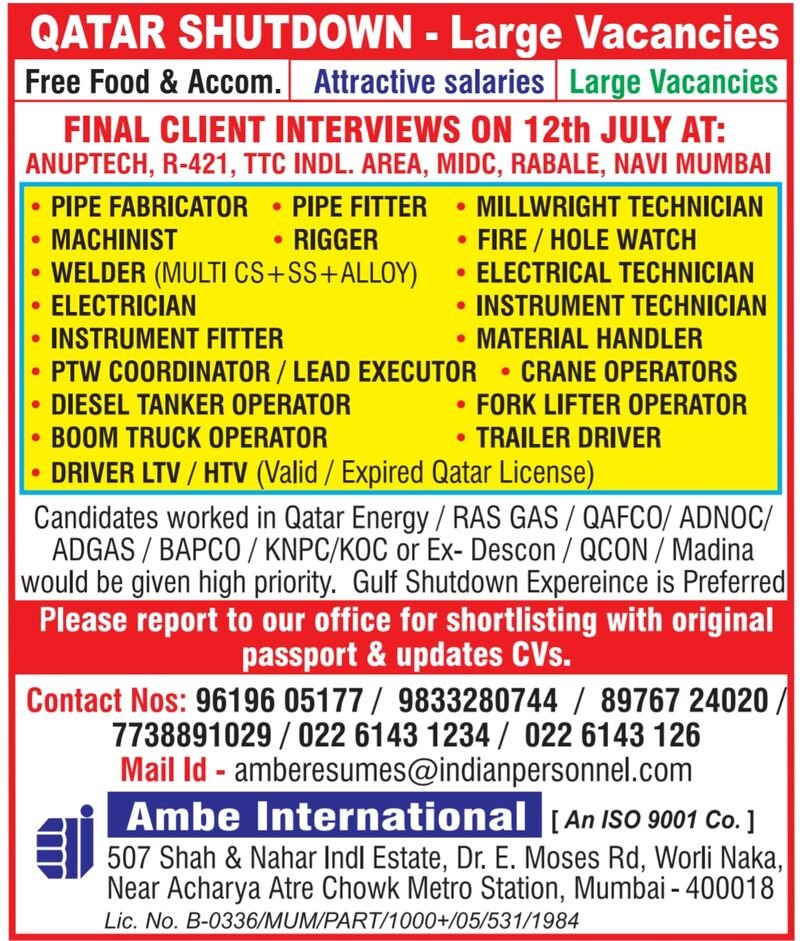 Qatar Shutdown Project – Large Vacancies | Final Client Interviews