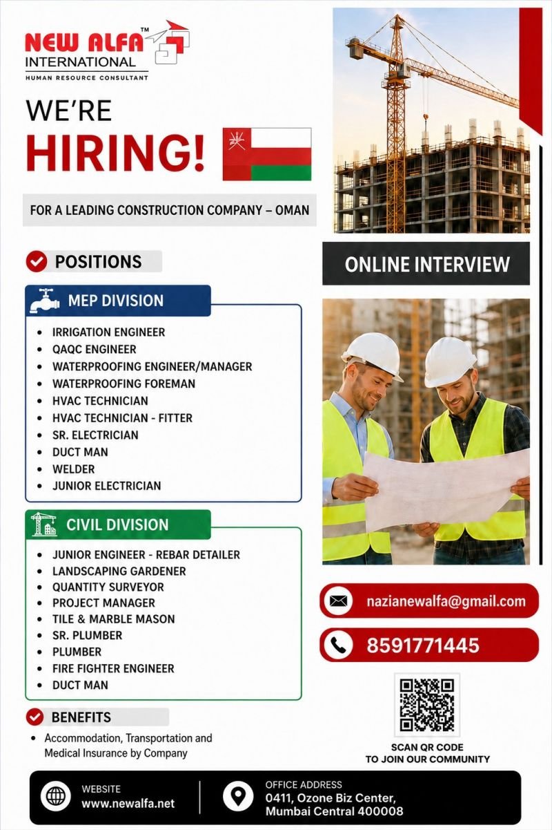 hiring for a Leading Construction Company in Oman.