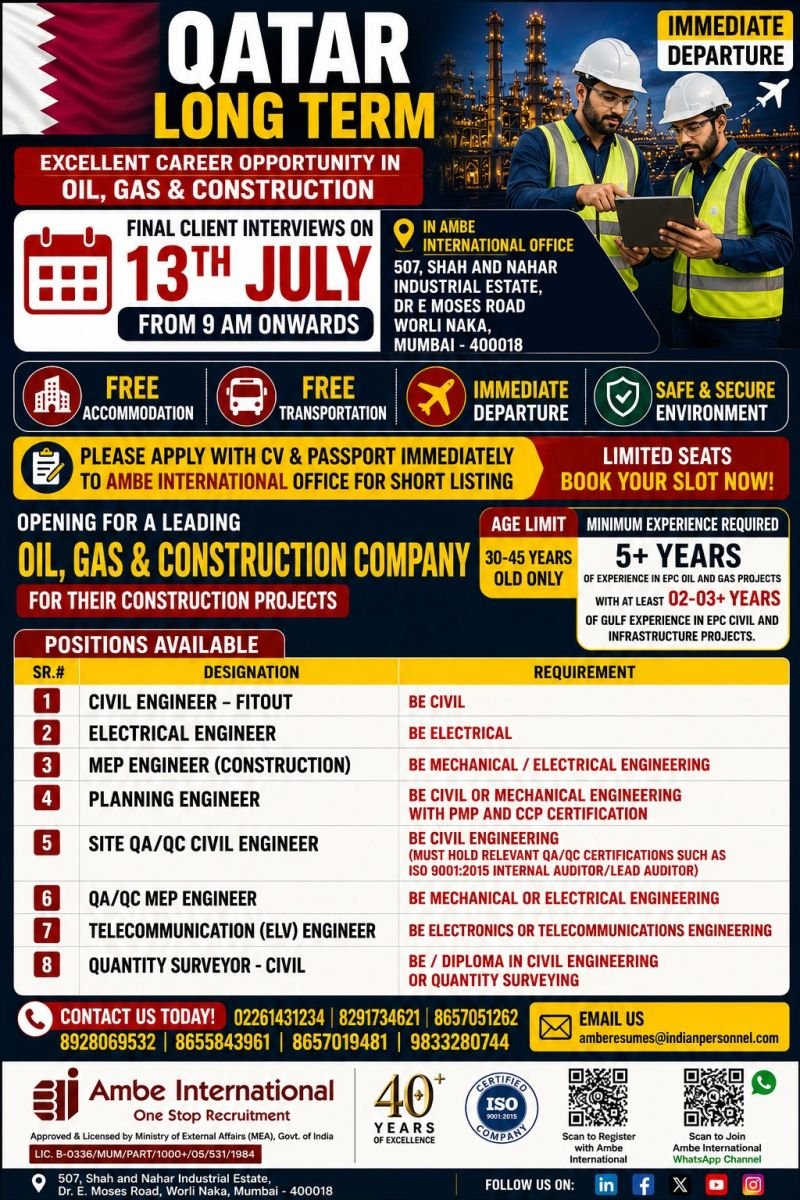 Qatar Long-Term Job Opportunities | Immediate Departure 