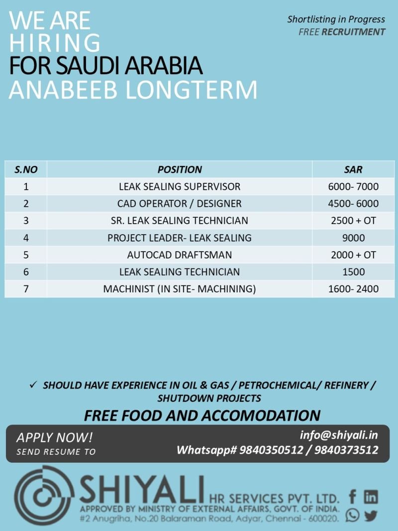 Saudi Arabia Anabeeb Oil & Gas Jobs 2026 | Free Recruitment