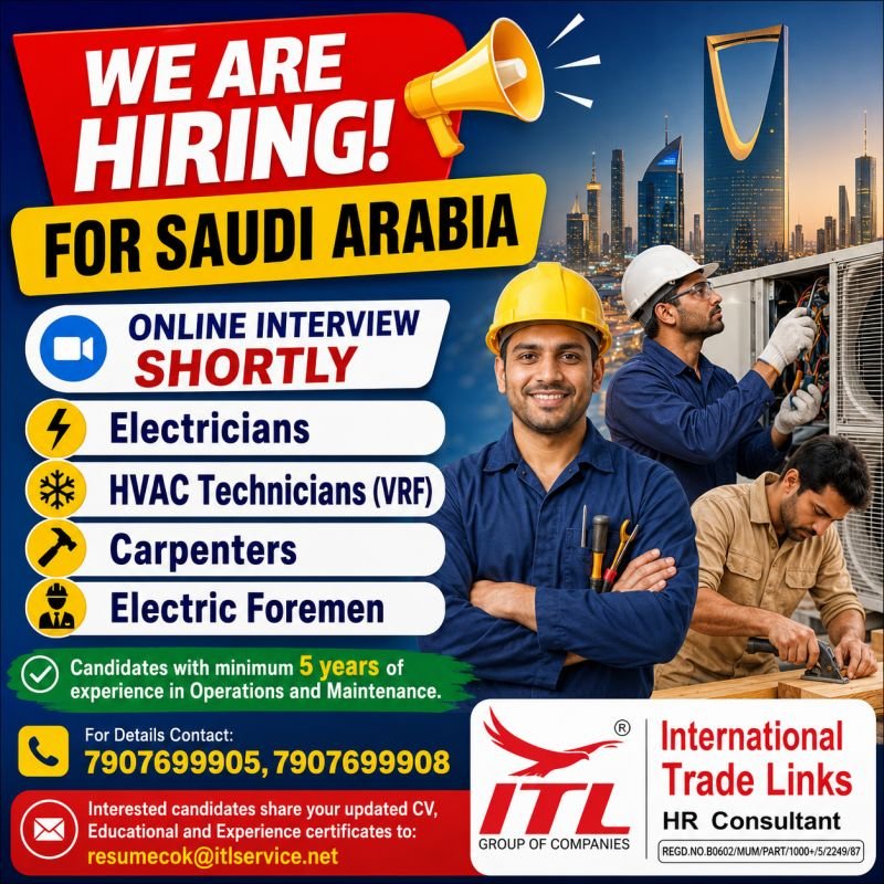 Saudi Arabia Operation & Maintenance Jobs 2026 – Electricians, HVAC Technicians, Carpenters & Electric Foremen