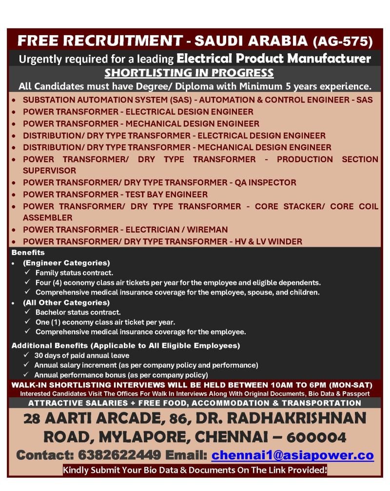 Saudi Arabia Electrical Product Manufacturer Jobs 2026 | Free Recruitment