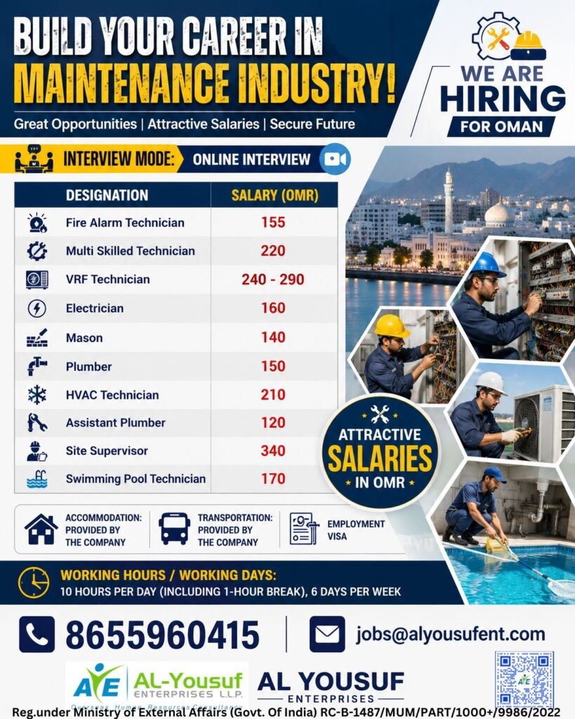 Hiring for Oman | Maintenance Industry | Online Interview 
