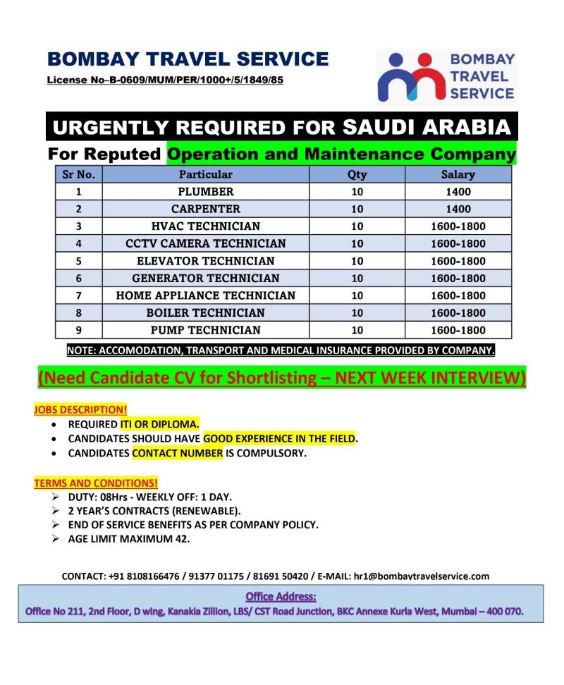 Hiring for a reputed maintenance company in Saudi Arabia