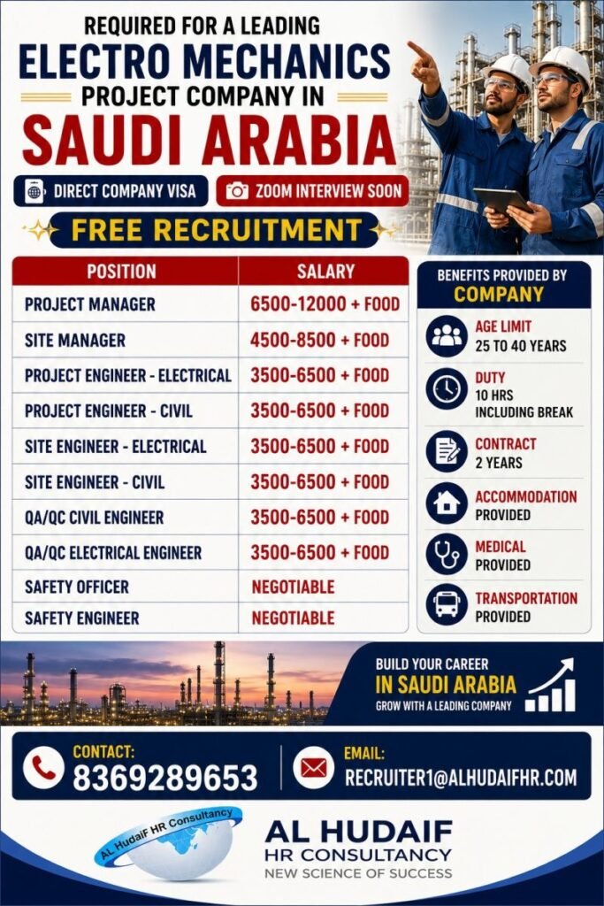 Hiring For Saudi Arabia | Electro Mechanics Project Company 