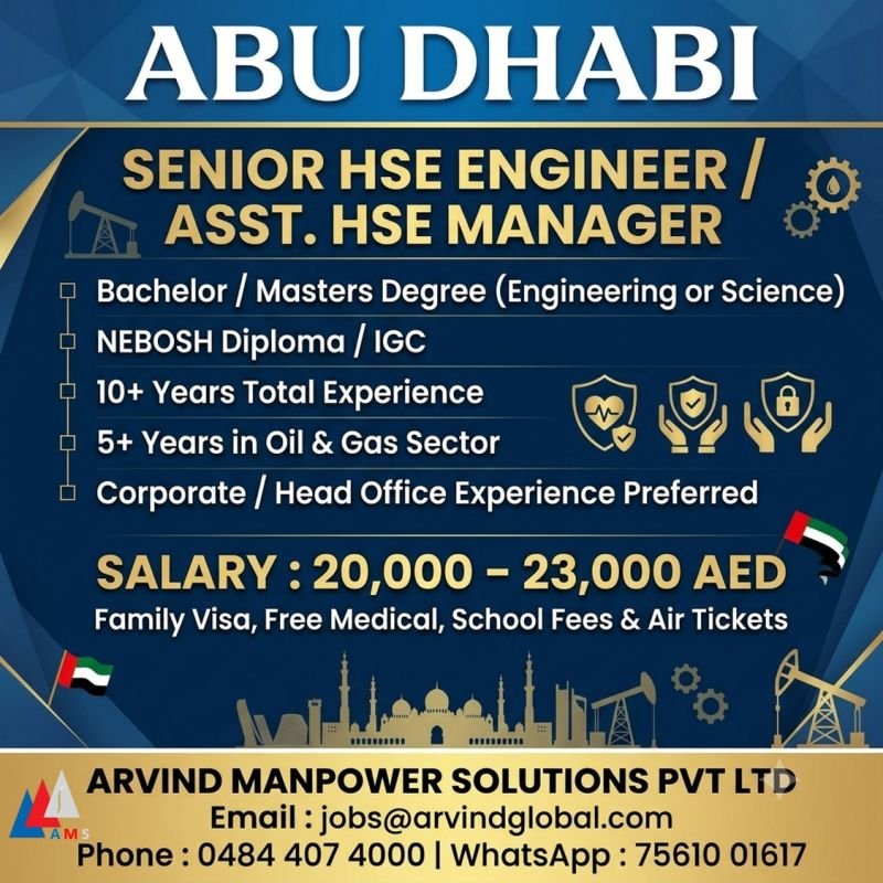 UAE : Hiring Senior HSE Engineer / Asst. HSE Manager.