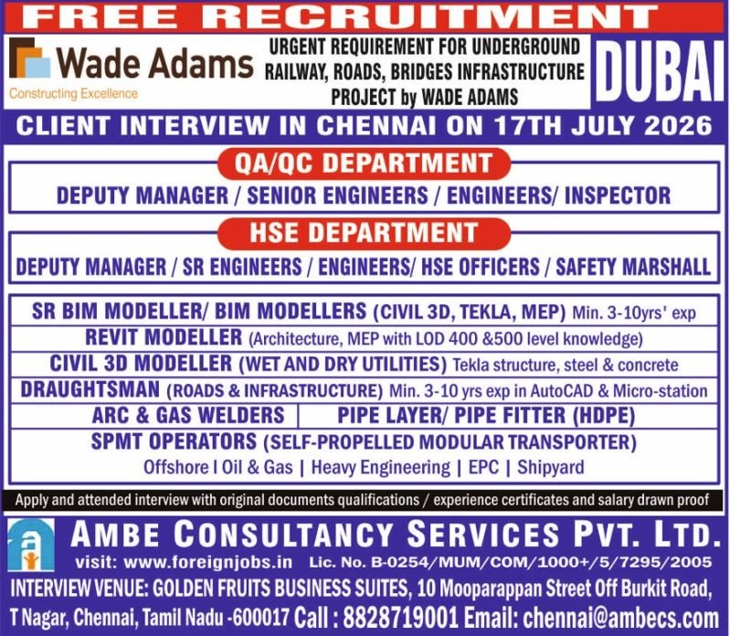 Dubai Wade Adams Infrastructure Jobs 2026 – Free Recruitment 
