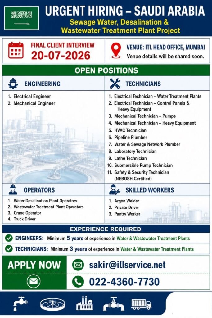 Saudi Arabia : Hiring For Sewage Water, Desalination, and Wastewater Treatment Plant Projects. Saudi Arabia : Hiring For Sewage Water, Desalination, and Wastewater Treatment Plant Projects.
