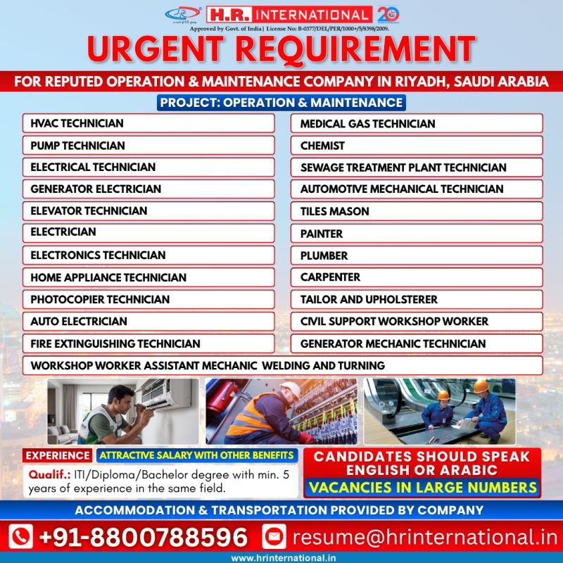 Urgent Recruitment for Operation & Maintenance Project | Riyadh, Saudi Arabia 