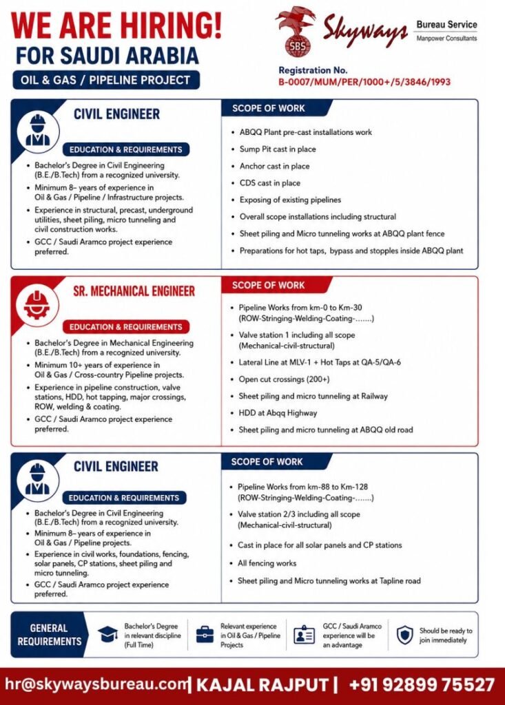 Saudi Arabia Oil & Gas Pipeline Jobs 2026 – Civil & Mechanical Engineer Recruitment Saudi Arabia Oil & Gas Pipeline Jobs 2026 – Civil & Mechanical Engineer Recruitment