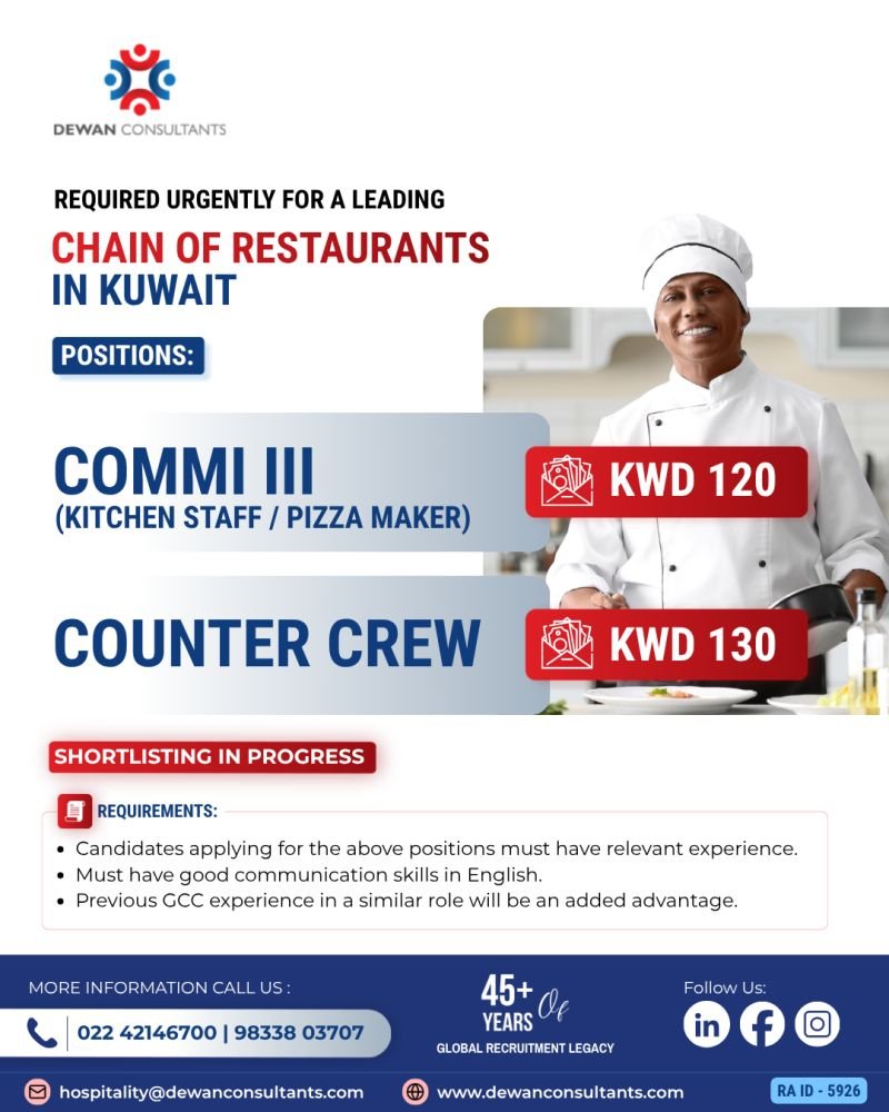 Career Opportunities with a Leading Chain of Restaurants in Kuwait.