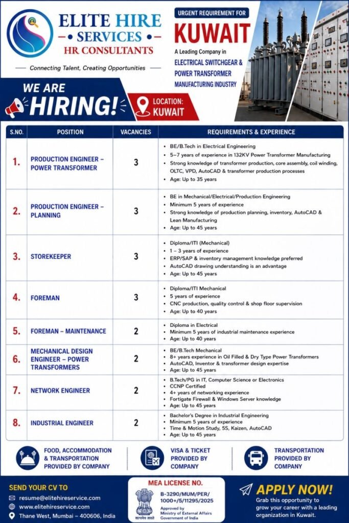 Kuwait – Hiring For Electrical Switchgear and Power Transformer Manufacturing | Apply Now