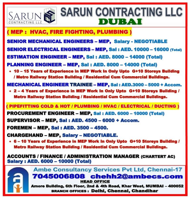 Dubai MEP Jobs 2026 – Sarun Contracting LLC Recruitment 