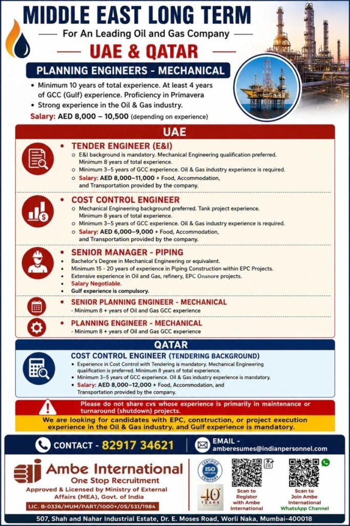 Exciting Career Opportunities in UAE & Qatar – Oil & Gas Industry | Free Recruitmen