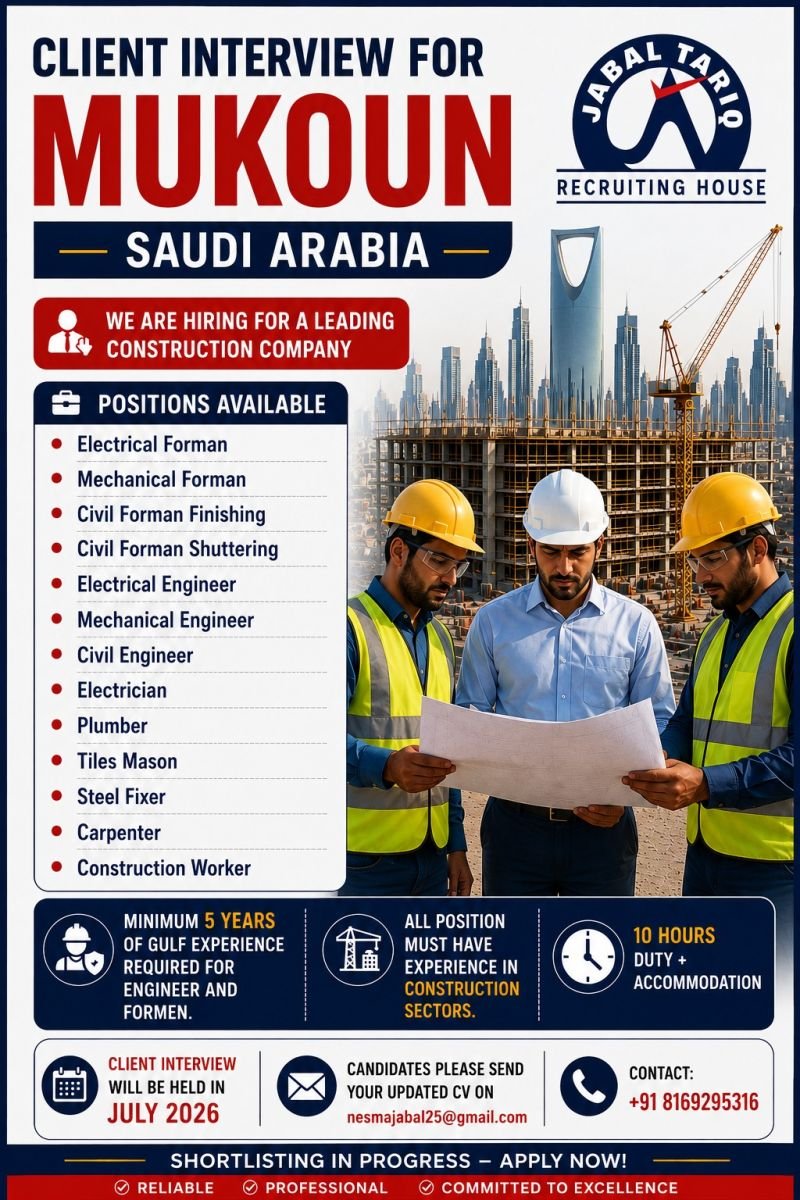 Saudi Arabia Construction Jobs 2026 – Mukoun Company Recruitment