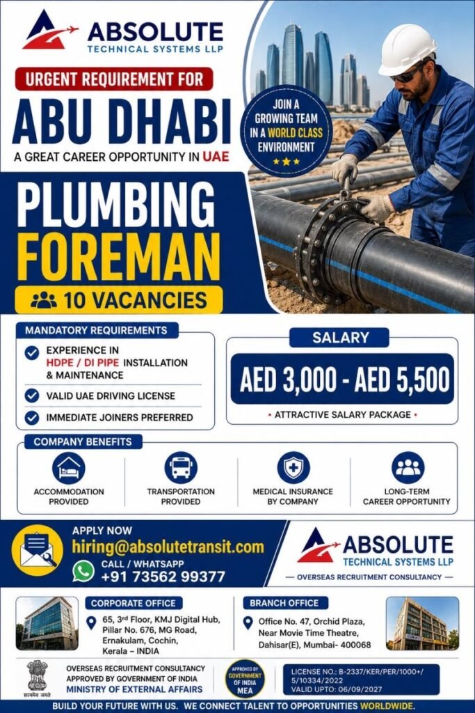 UAE : Urgently hiring experienced Plumping Foreman for a leading long-term infrastructure project 