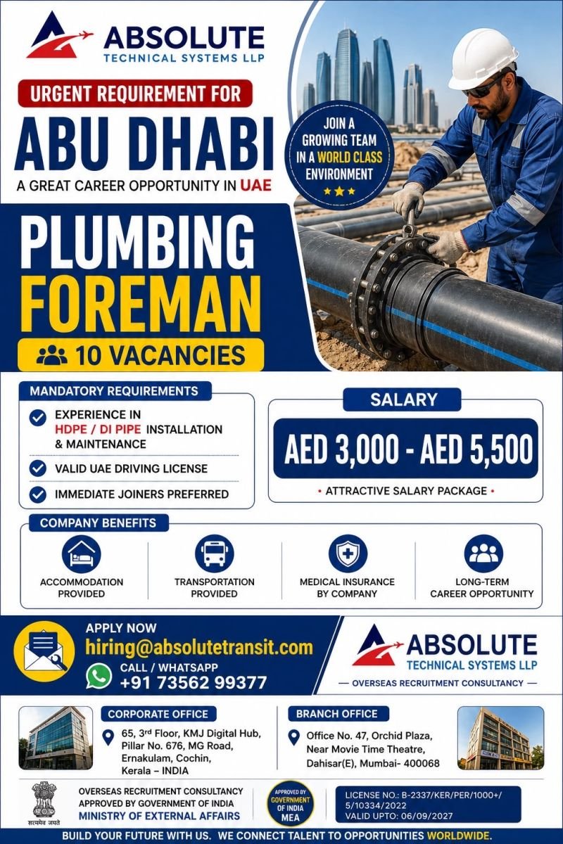 UAE : Urgently hiring experienced Plumping Foreman for a leading long-term infrastructure project 