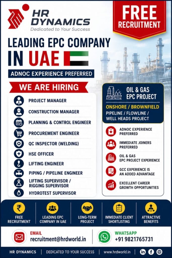 UAE Oil & Gas EPC Jobs 2026 – Free Recruitment 