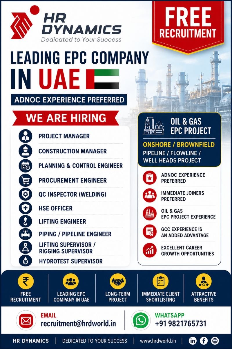 UAE Oil & Gas EPC Jobs 2026 – Free Recruitment 