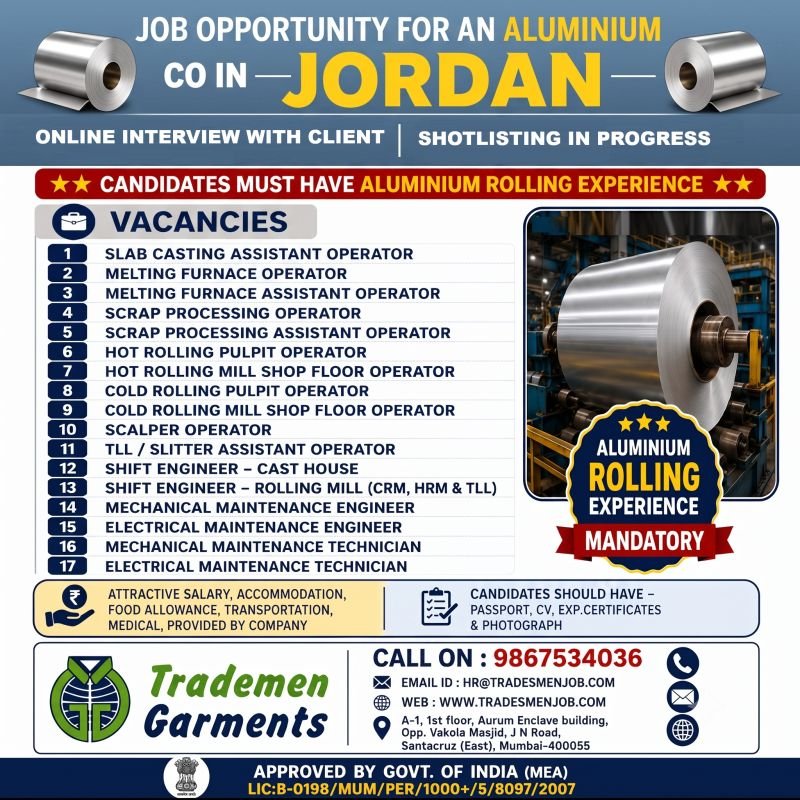 Jordan Aluminium Company Jobs 2026 – Online Client Interview | Rolling Mill & Maintenance Vacancies Jordan Aluminium Company Jobs 2026 – Online Client Interview | Rolling Mill & Maintenance Vacancies