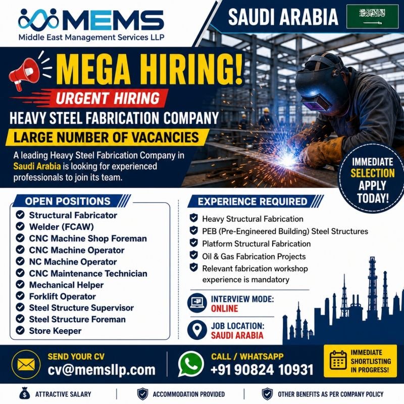 Saudi Arabia : Hiring For A leading Heavy Steel Fabrication Company Saudi Arabia : Hiring For A leading Heavy Steel Fabrication Company