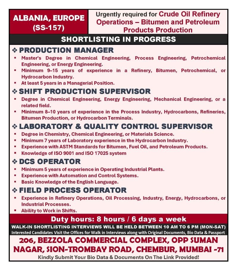 Albania Refinery Jobs 2026 – Apply Now
