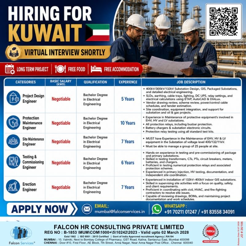Jobs in Kuwait - hiring experienced Electrical Engineering professionals for a long-term project. Jobs in Kuwait - hiring experienced Electrical Engineering professionals for a long-term project.