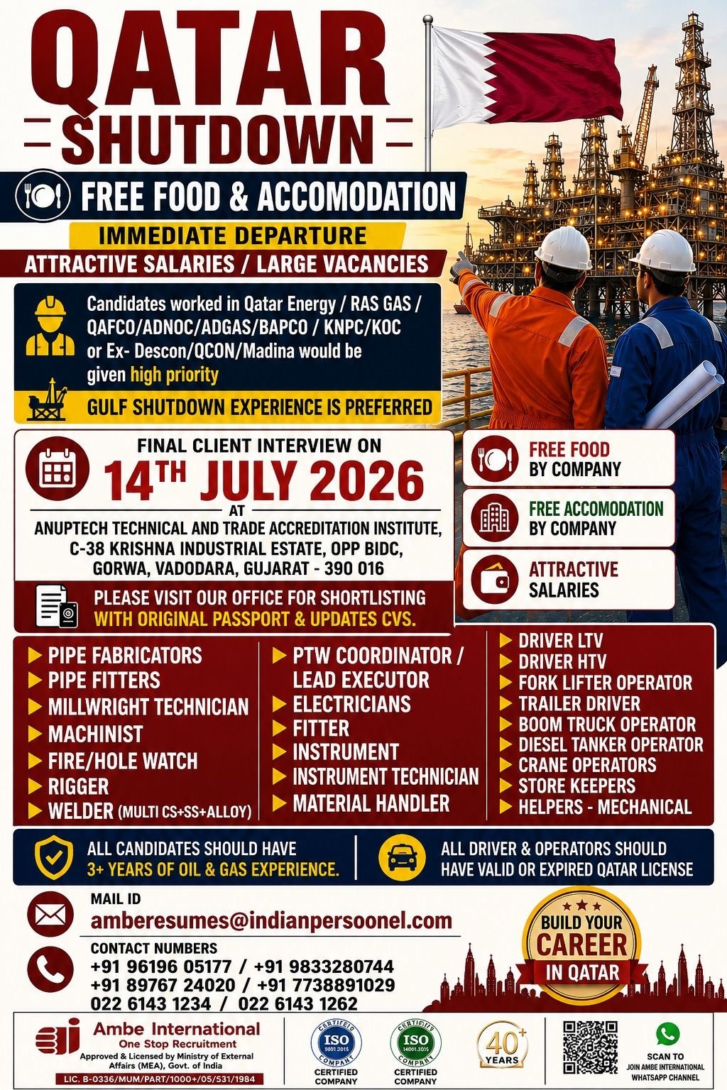 Qatar Shutdown Opportunity – Oil & Gas Professionals Hiring