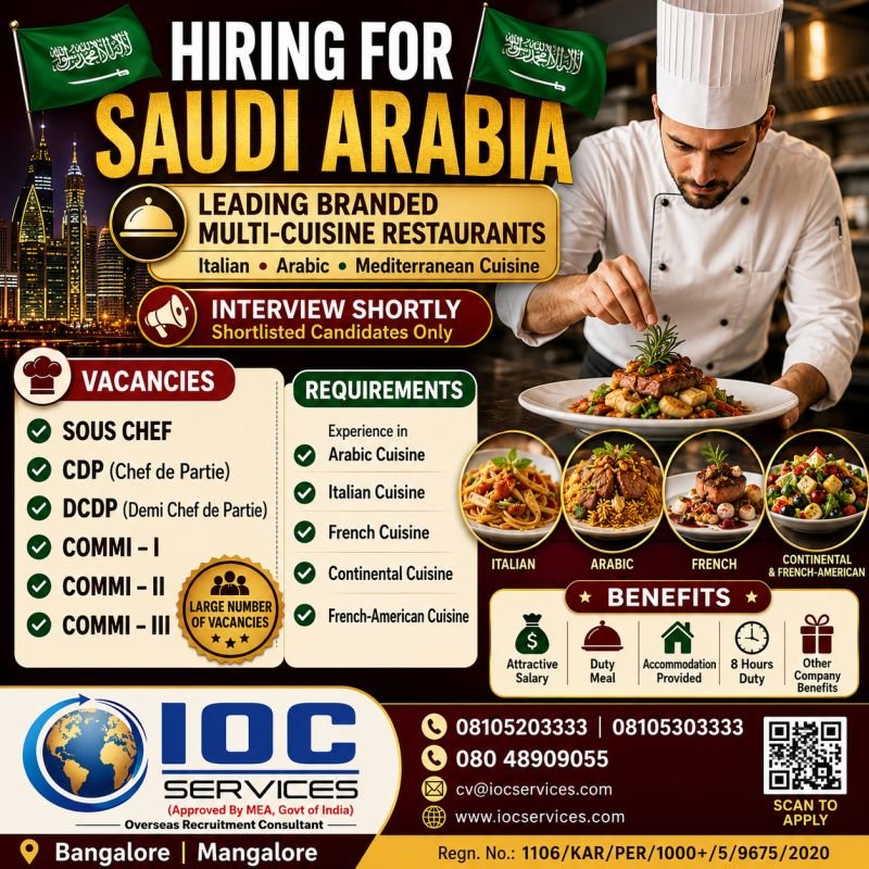 Hiring for Saudi Arabia | Leading Branded Multi-Cuisine Restaurants 