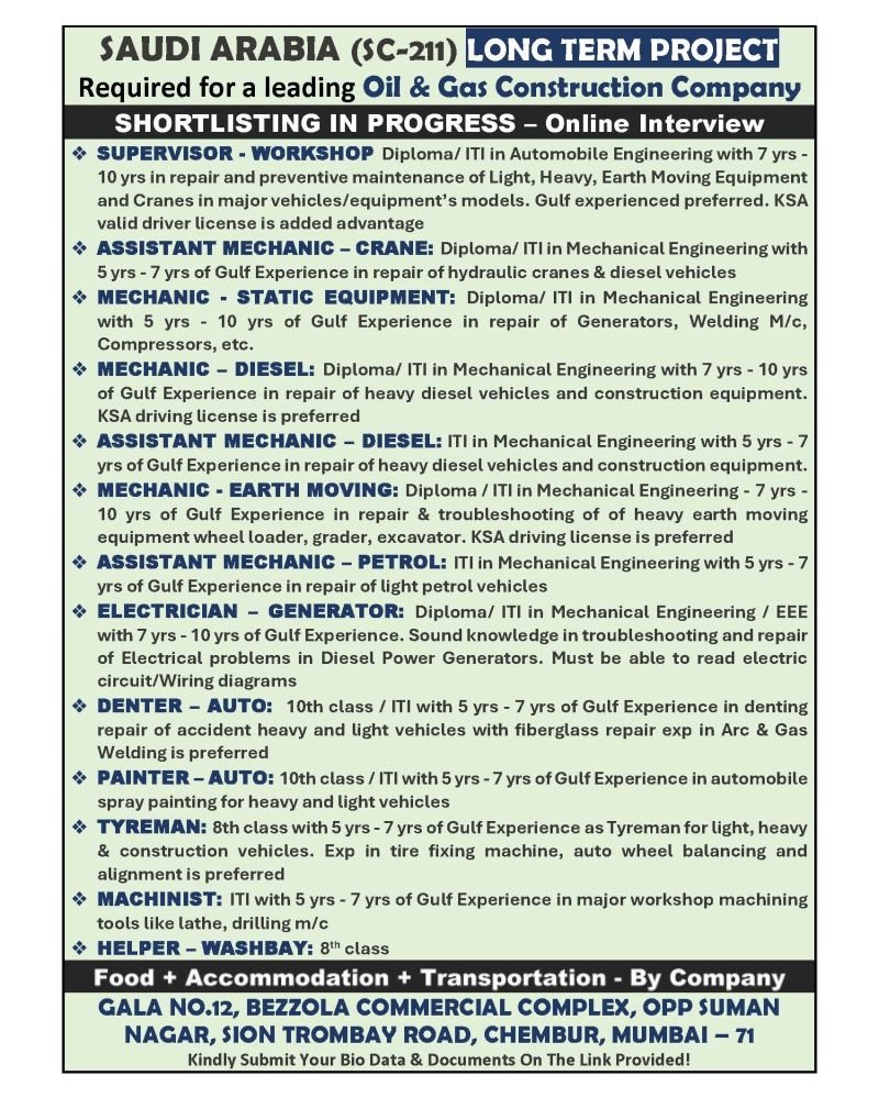 Saudi Arabia Oil & Gas Construction Company Jobs 2026 – Long-Term Project Saudi Arabia Oil & Gas Construction Company Jobs 2026 – Long-Term Project