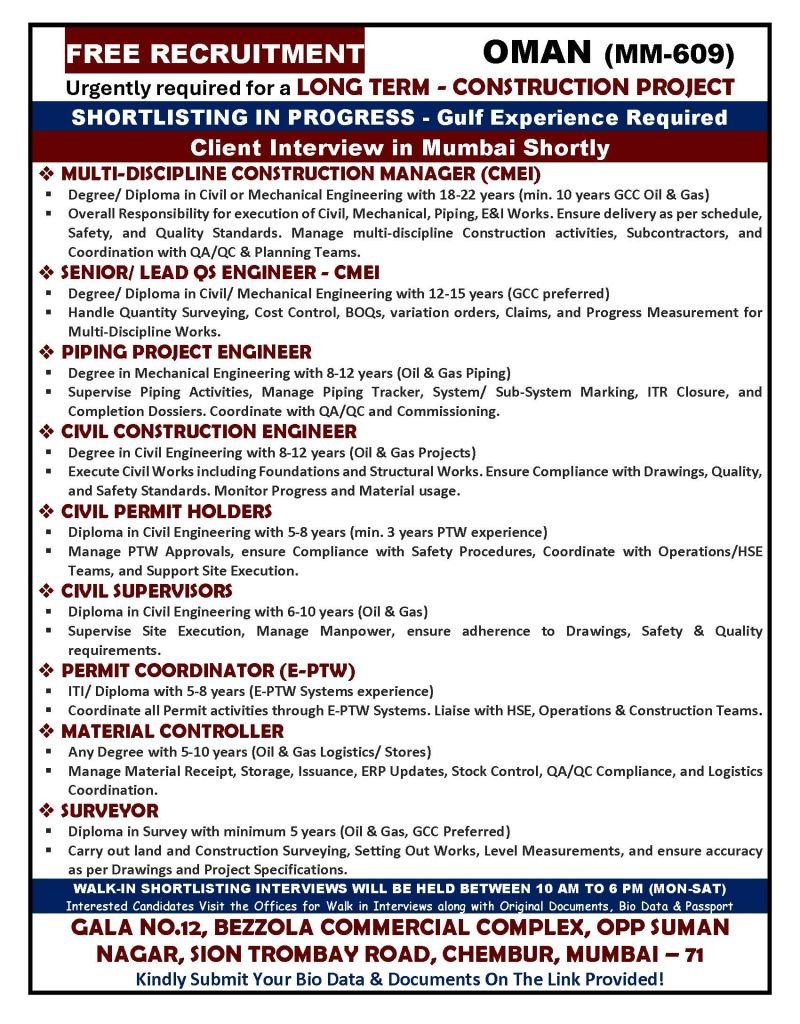Free Recruitment For Oman Construction Project - Long Term