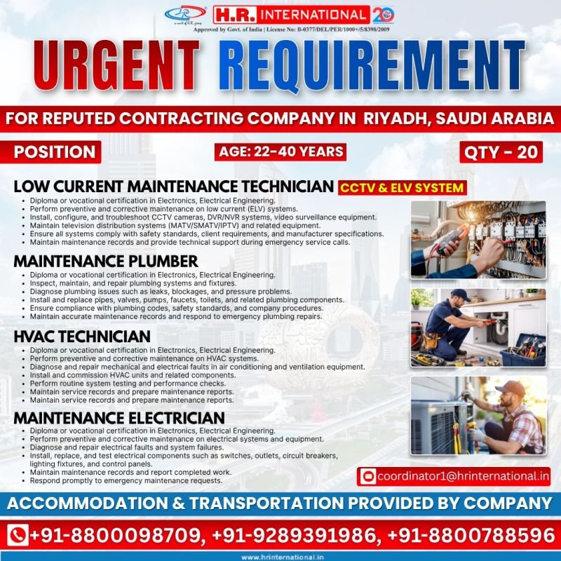 Urgent Requirement For Riyadh, Saudi Arabia 