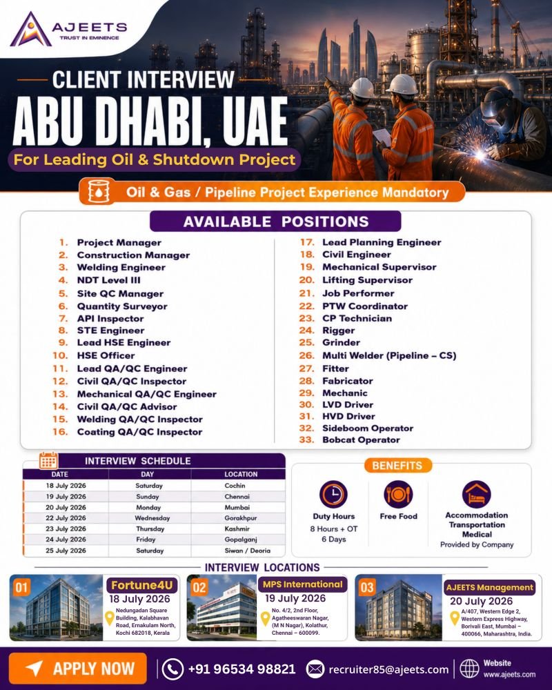 UAE Oil & Shutdown Project Jobs 2026 – Client Interview | Engineers, QA/QC, HSE, Welders, Riggers & Drivers Required